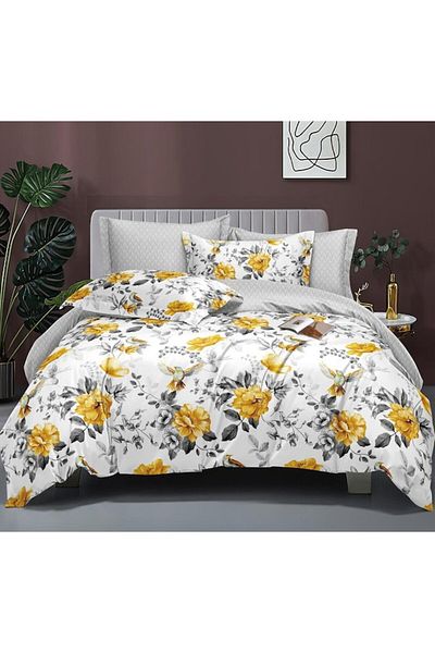 OEM Double Bed Linen 2 Faces, Yellow Flower Print, 4 Pieces, 2 Persons, 180x200cm, Satin Cotton