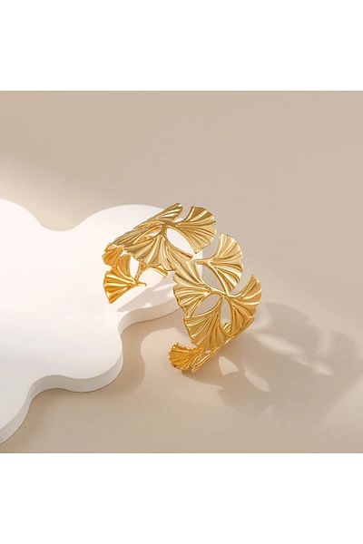 Eva Grace Brenda bracelet, golden, adjustable, made of stainless steel, ginkgo leaf pattern - Glamour Collection