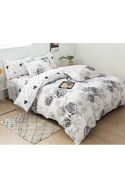 OEM Double Bed Linen with Two Patterns, Black-White Print, 4 Pieces, 180x200cm, Satin Cotton