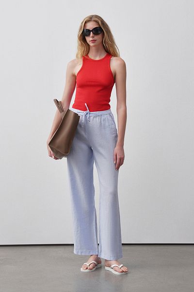 mathilda store Women's Blue Adjustable Waist Linen Palazzo Pants