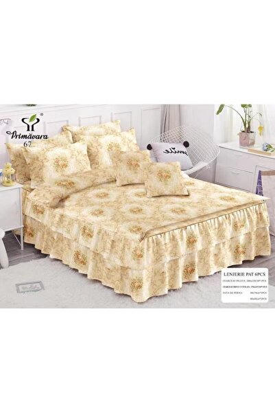 OEM Double Bed Set, Ruffled Sheet, Spring Design Beige, 6 Pieces, 200x230cm