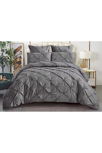 OEM Double Bed Linen, Sonia-Home, Uni, Embroidered Pleats Model, 6 Pieces, Finet, 220x240cm, Dark Gray