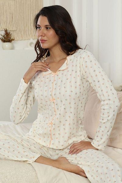 TURAY Catherine Basic Uzunkol 100% Cotton Women's Beige Pajamas Set