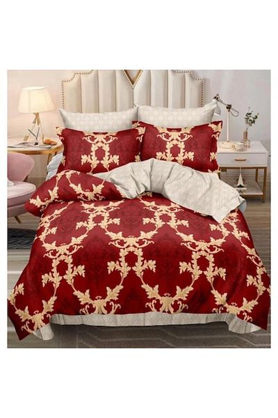 OEM Bed Linen Set for Double Bed, Mosaic Print, 6 Pieces, 180x200cm, Finet Satin, Red-Beige