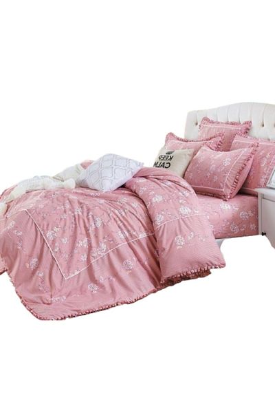 OEM Luxury Bedding Set with Ruffles, Finet, 4 Pieces, Floral Print, Powder Pink