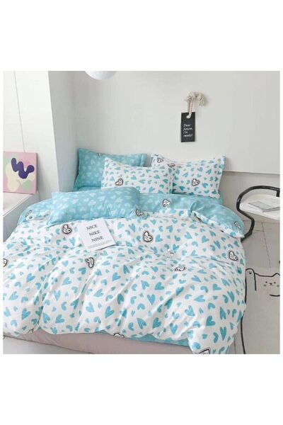 OEM Lenjerie de pat dublă, 6 piese, 2 persoane, 180x200cm, satin fin, inimioare, albastru deschis-alb