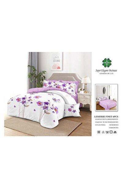 OEM Double Bed Linen Set, Floral Lilac Print, 6 Pieces, 2 Persons, 245x250cm, Finet, White-Lilac