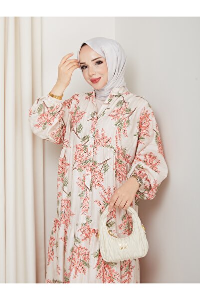 Moda Echer Half Button Skirt Layered Floral Print Dress