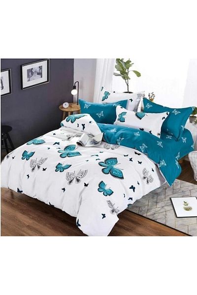 Pucioasa Double Bed Sheet, Pucioasa, Finet, 6 pieces, 2 persons, Butterfly Print, 245x250cm, White-Blue