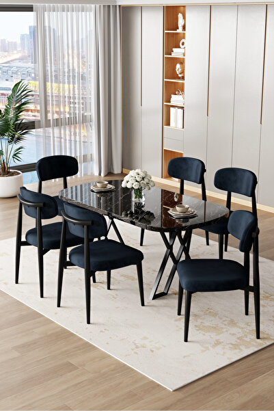 Canisa Jolin Serisi Mdf 90x168 Siyah Mermer Desen Masa Takımı 6 Antrasit Metal Sandalye