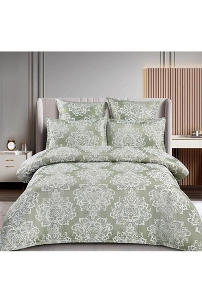 OEM Double Bedding Set, Elegant Model, Silk Imitation, 6 Pieces, 2 Persons, 180x200cm, Duck Egg Green-Wh