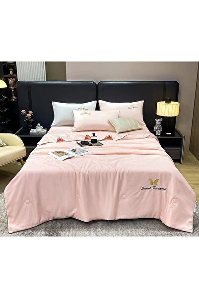 OEM Double bed linen set with summer duvet, Uni, 4 pieces, 2 persons, 245x250cm, Silk, Pink
