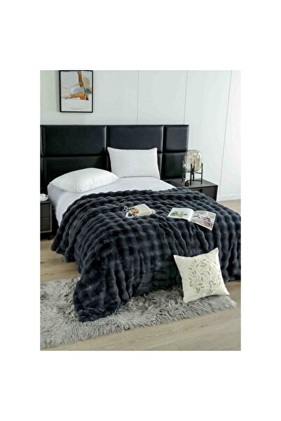 JOJO HOME Patura Model Lux, Blana Artificiala Iepure, cu Fermoar, 200x230cm, Uni, Gri Inchis