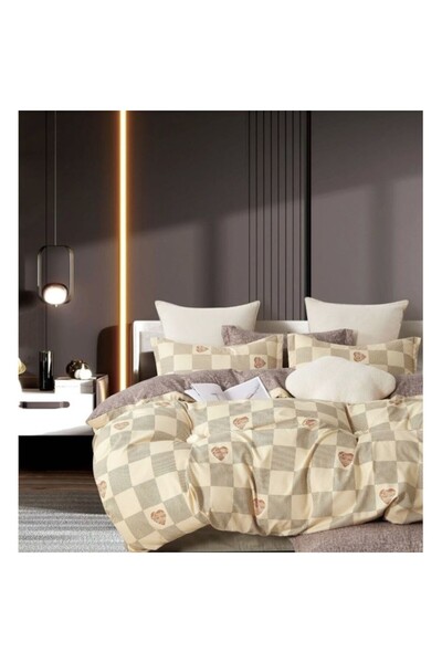 OEM Lenjerie de pat dublu, Finet, 6 piese, 2 persoane, imprimeu Patratele, 250x230cm, Bej Nuante