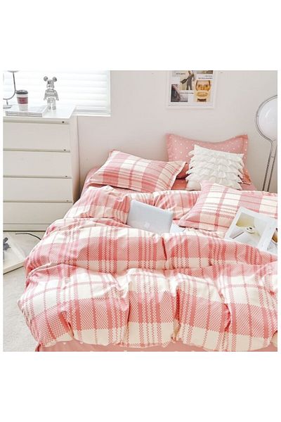 OEM Double Bed Linen, 6 Pieces, 2 Persons, 180x200cm, Finet Satin, Plaid Print, White-Coral