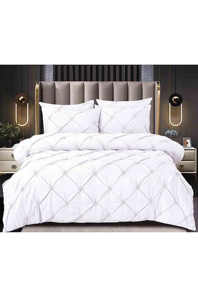Pucioasa Double bed linen, Sulphur, Plain, Embroidered Pleats Pattern, 6 pieces, Finet, 230x250cm, White