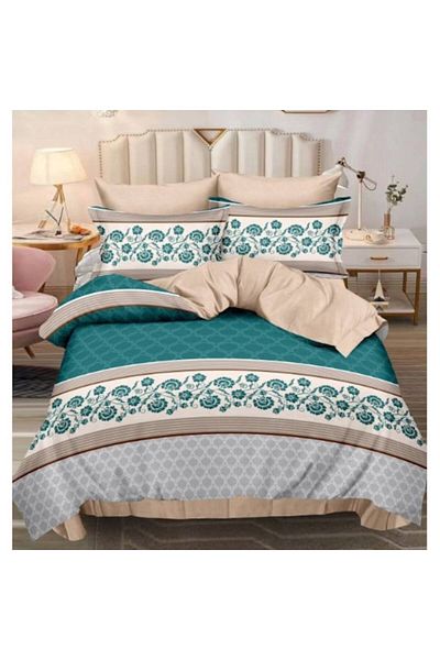 OEM Double Bed Sheet Set, 6 Pieces, 2 Persons, 240x250cm, Cotton Satin Material, Turquoise Beige Print
