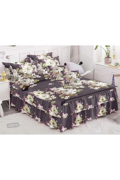 OEM Double Bed Linen with Ruffles, Spring, Peony Print, 6 Pieces, for 2 Persons, Finet, 200x230cm