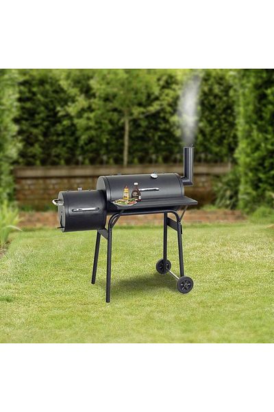 PROCART Charcoal BBQ grill, 2 compartments, grill and smoker, shelf, chimney, transport wheels, thermometer