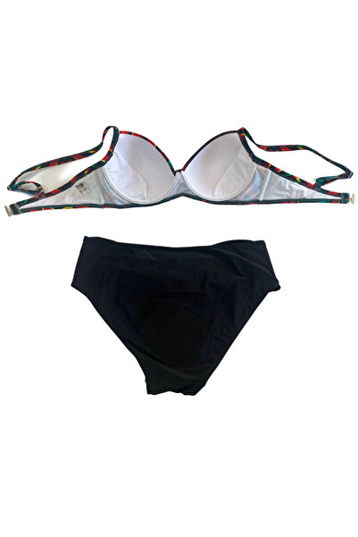hazelin Women's Black Red Floral Patterned Lined Plus Size Bikini Set Hzl25S-Lc24108