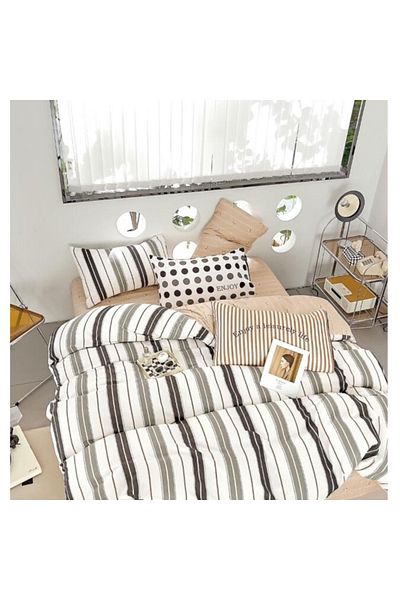 OEM Double Bed Linen, 6 Pieces, 2 Persons, 180x200cm, Finet Satin, Stripe Print M1, Multicolor