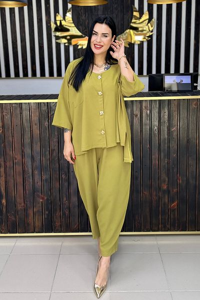 GÖKSEL Gold Button Oil Green Large Size Suit