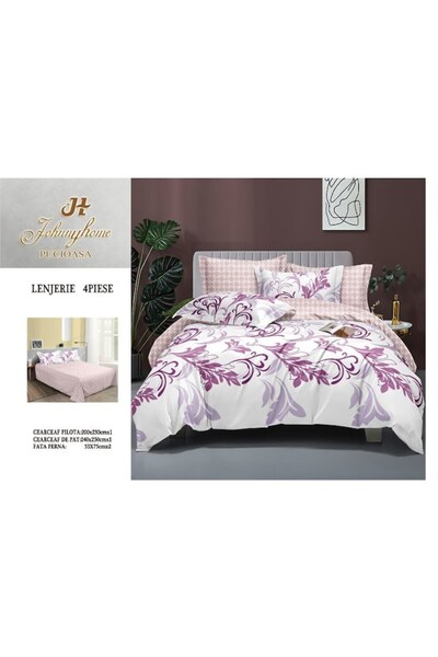 OEM Double Bed Linen, Satin Cotton, 4 Pieces, Print White-Lilac, 200x230cm