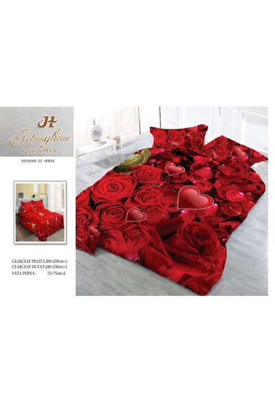 OEM Lenjerie pat dublu, Imprimeu 3D Tandafiri, 4 piese, 2 persoane, 240x250cm, Bumbac Satinat, Rosu