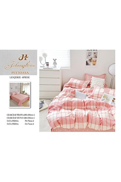OEM Double bed set with elastic, 6 pieces, 2 persons, 240x250cm, Superior fineness, in white-coral plaid
