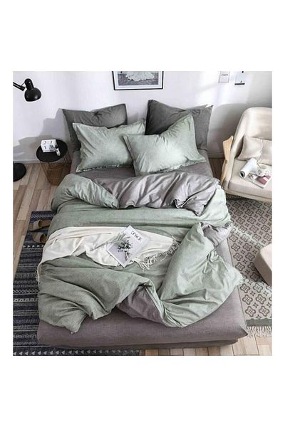 OEM Set bed linen, satin cotton, 4 pieces, grey/green, 240x250 cm