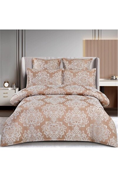 OEM Double Bed Linen, Elegant Design, Silk Imitation, 6 Pieces, 180x200cm, Beige-White