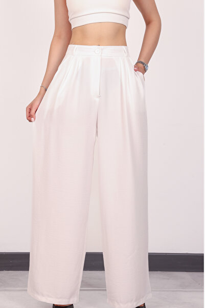 polle Pantaloni Palazzo din in, albi, plisați, cu talie înaltă, pentru femei