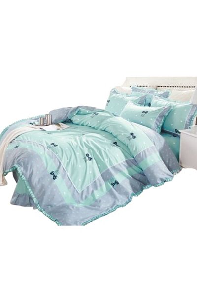 OEM Set de lenjerie de pat de lux, cu bordură volanată, Finet, 4 piese, pat dublu, 230x250cm, model fundă, cer albastru