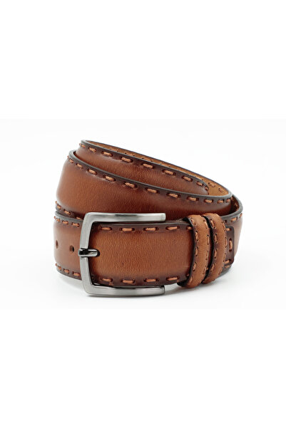 Tuna Nappa Genuine Antique Leather 4.00 cm Saddle Stitched Sports Men's Belt - Kmr254