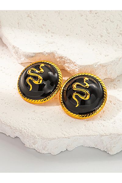 Eva Grace Kyra earrings, round, gold and black, made of stainless steel, with snake pattern