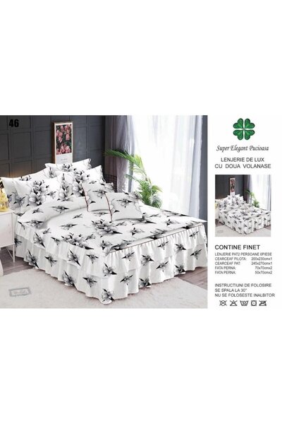 Pucioasa Lenjerie de pat dublu, cearsaf cu volanase, Pucioasa, Finet, 6 piese, 2 persoane, imprimeu Negru, 20