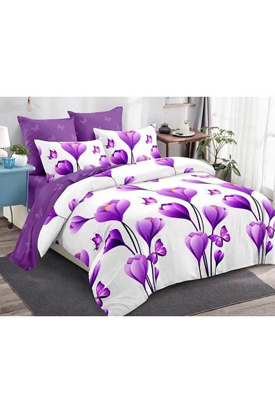 OEM Set lenjerie de pat dublu, Finet, 6 piese, imprimeu floral, flori mov, 230x250cm, alb-mov