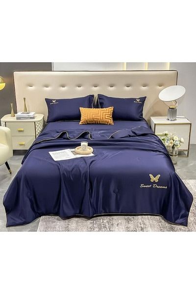 OEM Double Bedding Set with Summer Duvet, Uni, 4 Pieces, 2 Persons, 245x250cm, Silk, Navy Blue