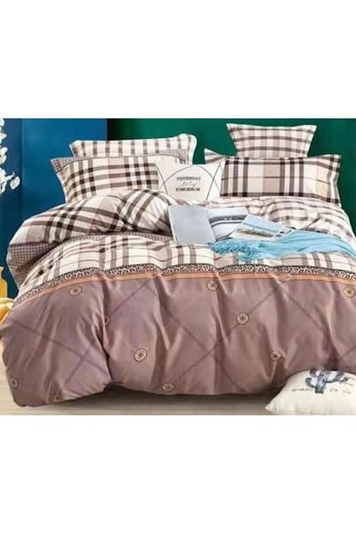 OEM Double Bed Sheet Set, Finet, 6 Pieces, 2 Persons, Checkered Print, 250x230cm, Brown Multicolor