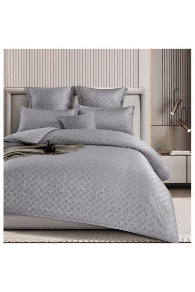 OEM Double bed linen set, checked, Finet, 6 pieces, 2 persons, Uni, 180x200cm, light grey