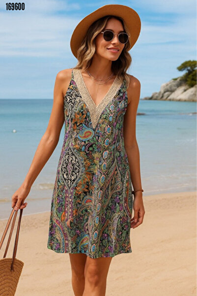 moda wanilia Special Design Women's Lace V-Neck Ethnic Patterned Single Jersey Dress