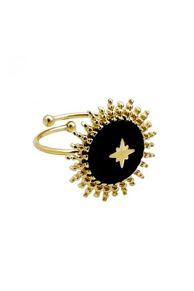 Eva Grace Tisha ring, gold with black, stainless steel, sun-shaped, adjustable