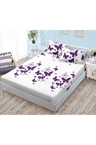 OEM Set Husa de pat din finet, 3 piese Elegant Home, 2 fete de perna, pentru pat 180x200cm, alb mov
