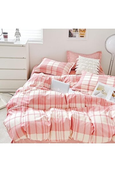 OEM Double bed set with elastic, 6 pieces, 2 persons, 240x250cm, Superior fineness, in white-coral plaid