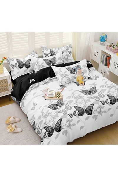 OEM Bed Linen Set, Elastic Fitted Sheet, Satin Cotton, 2 Persons, 4 Pieces, Butterfly Print, 180x200cm,