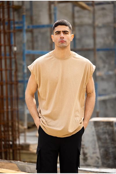 Buteks Unisex μπεζ μπάσκετ με μηδενικό μανίκι Crew Neck Oversize Loose Basic αμάνικο μπλουζάκι