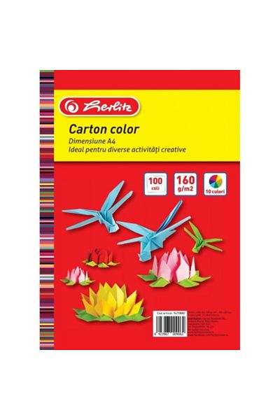 Herlitz Carton colorat A4, culori asortate, material hârtie, 160 g/mp, 100 coli