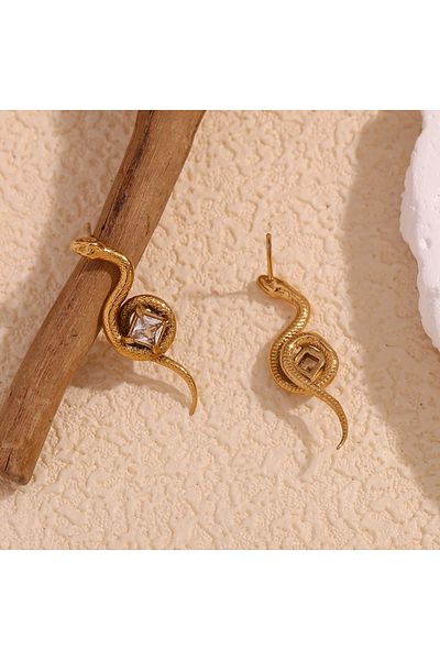 Eva Grace Genesis gold-tone snake-shaped earrings with zirconia, made of 18K gold-plated stainless steel