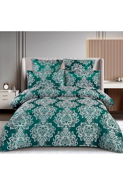 OEM Double Bed Linen, Elegant Model, Silk Imitation, 6 Pieces, 2 People, 180x200cm, Emerald Green-White