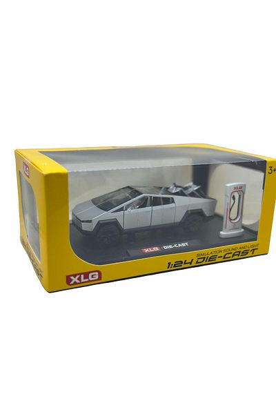 JPT Macheta metal Replica Tesla Cybertruck XLG 1:24 argintie cu ATV, Statia, Sunete si Lumini
